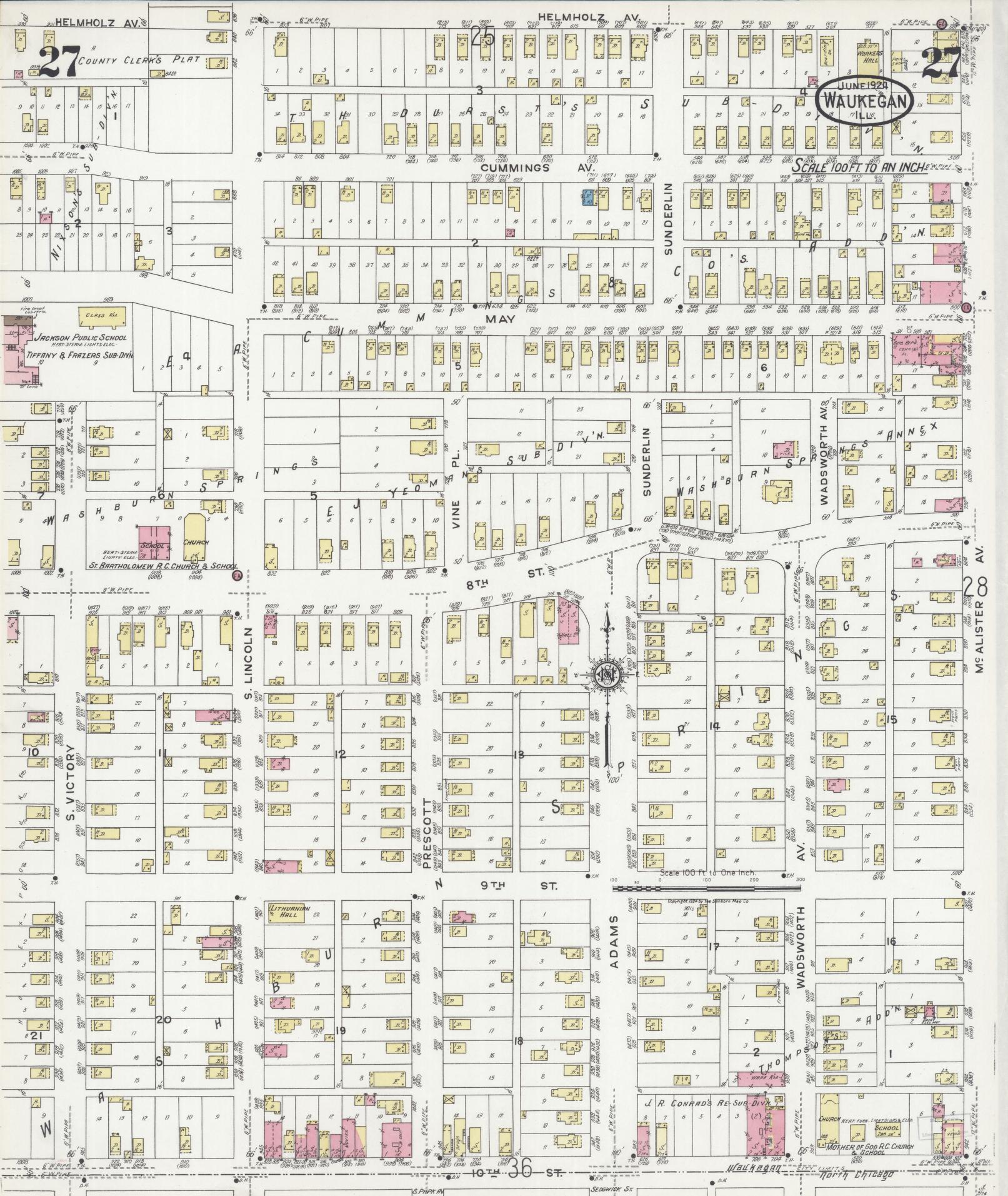 Sanborn Fire Insurance Map from Waukegan, Lake County, Illinois (1924), Sheet #0027 - Complete Map Set gallery image, historic Sanborn map, vintage wall art, Illinois Illinois