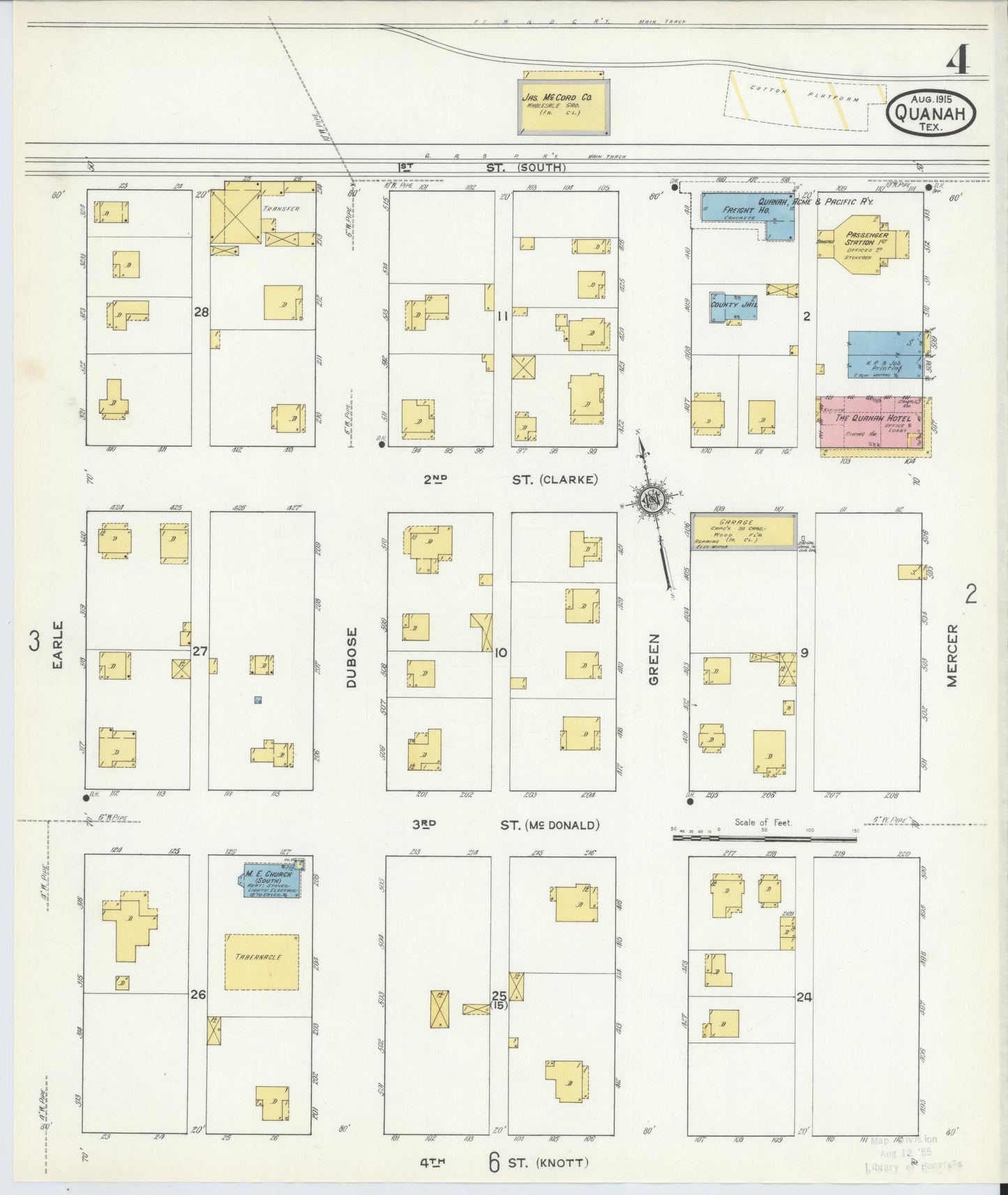 Sanborn Fire Insurance Map from Quanah, Hardeman County, Texas (1915), Sheet #0004 - Historic Sanborn Fire Insurance Map Print, vintage old map wall art, antique decor, genealogy gift, Texas Texas map