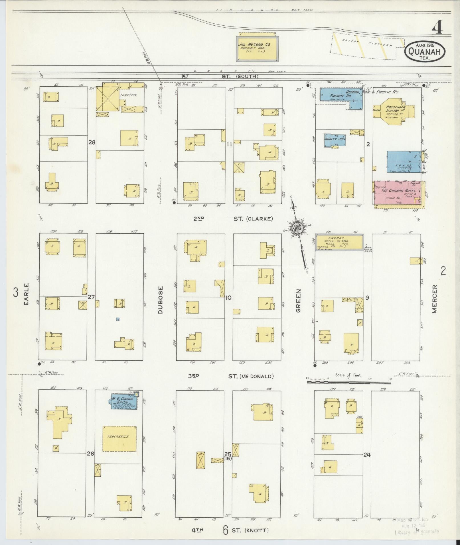 Sanborn Fire Insurance Map from Quanah, Hardeman County, Texas (1915), Sheet #0004 - Historic Sanborn Fire Insurance Map Print, vintage old map wall art, antique decor, genealogy gift, Texas Texas map