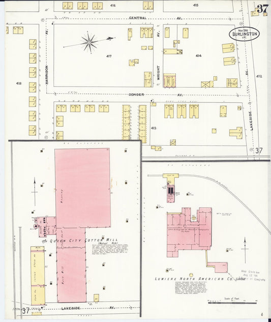 Sanborn Fire Insurance Map from Burlington, Chittenden County, Vermont (1906), Sheet #0037 - Historic Sanborn Fire Insurance Map Print, vintage old map wall art, antique decor, genealogy gift, Vermont Vermont map
