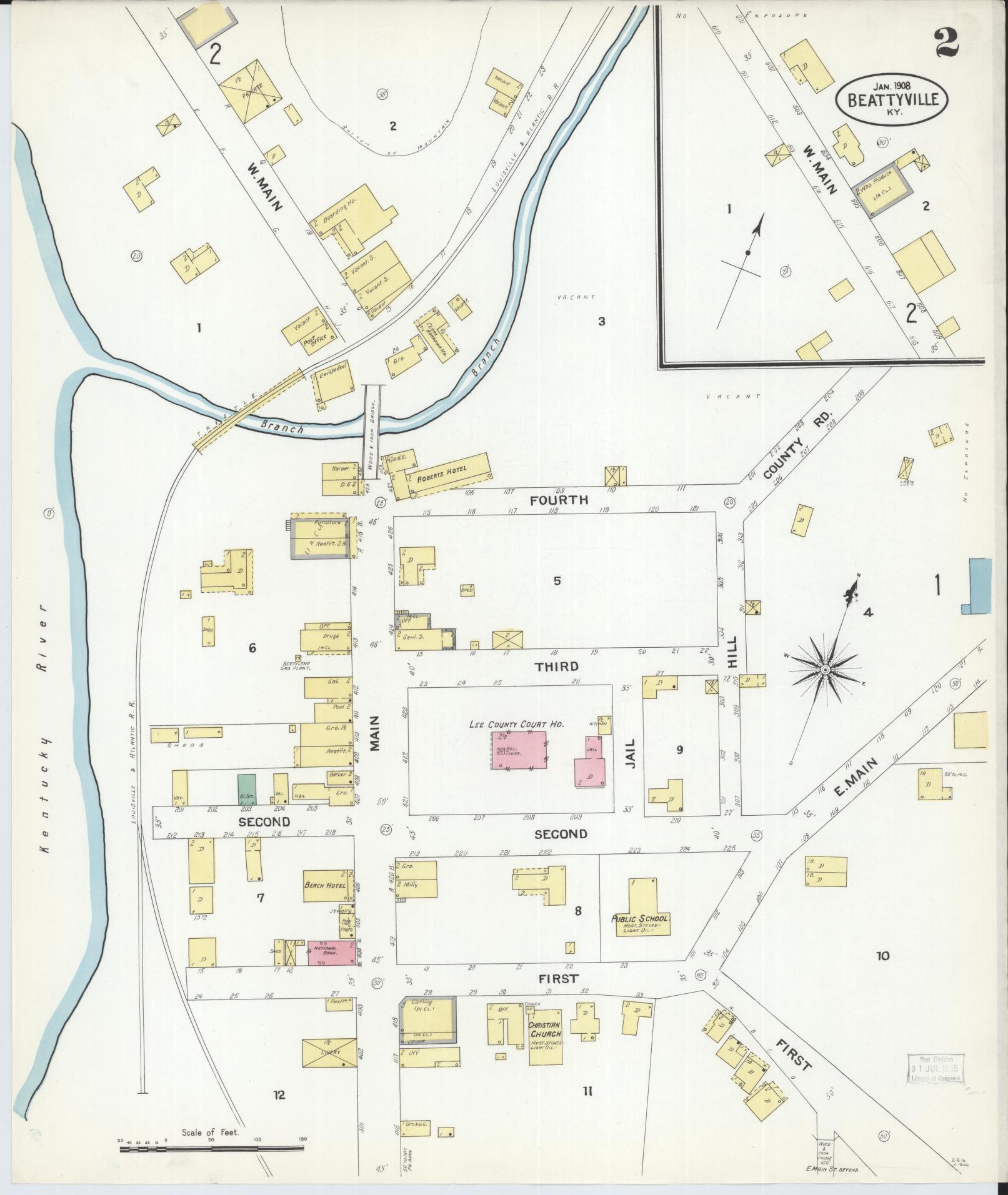 Sanborn Fire Insurance Map from Beattyville, Lee County, Kentucky (1908), Sheet #0002 - Historic Sanborn Fire Insurance Map Print, vintage old map wall art, antique decor, genealogy gift, Kentucky Kentucky map