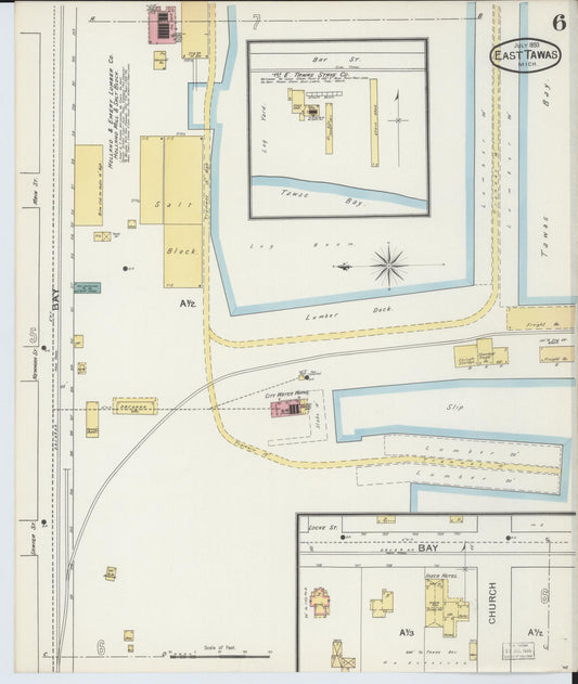 Sanborn Fire Insurance Map from East Tawas, Iosco County, Michigan (1893), Sheet #0006 - Historic Sanborn Fire Insurance Map Print, vintage old map wall art, antique decor, genealogy gift, Michigan Michigan map