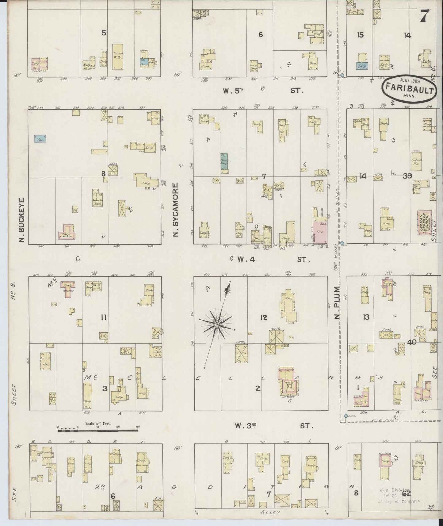 Sanborn Fire Insurance Map from Faribault, Rice County, Minnesota (1889), Sheet #0007 - Historic Sanborn Fire Insurance Map Print, vintage old map wall art, antique decor, genealogy gift, Minnesota Minnesota map