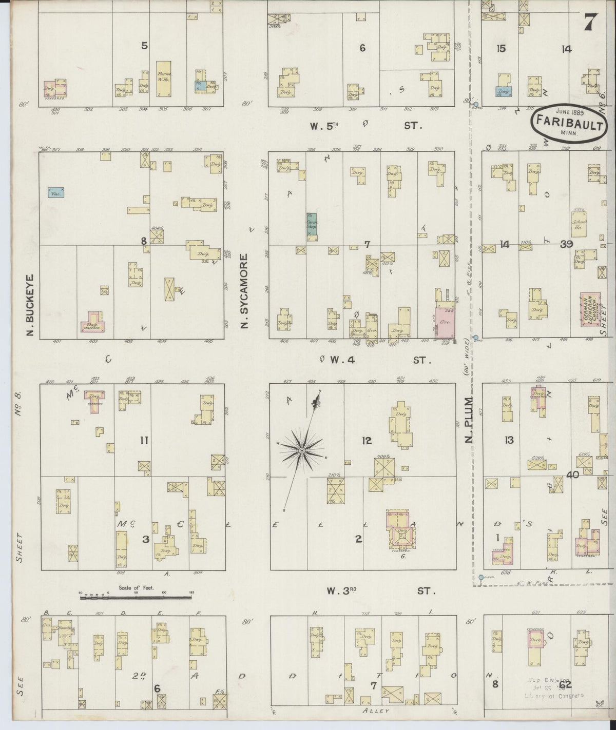 Sanborn Fire Insurance Map from Faribault, Rice County, Minnesota (1889), Sheet #0007 - Historic Sanborn Fire Insurance Map Print, vintage old map wall art, antique decor, genealogy gift, Minnesota Minnesota map