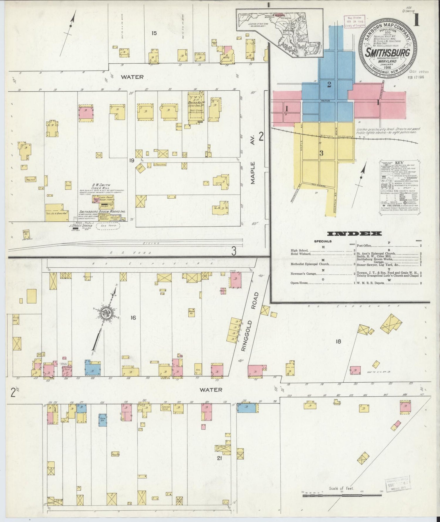 Complete Set - Washington, Maryland - 1916 - Sanborn Fire Insurance Map (All Sheets) - Complete Set of 3 Sanborn map sheets