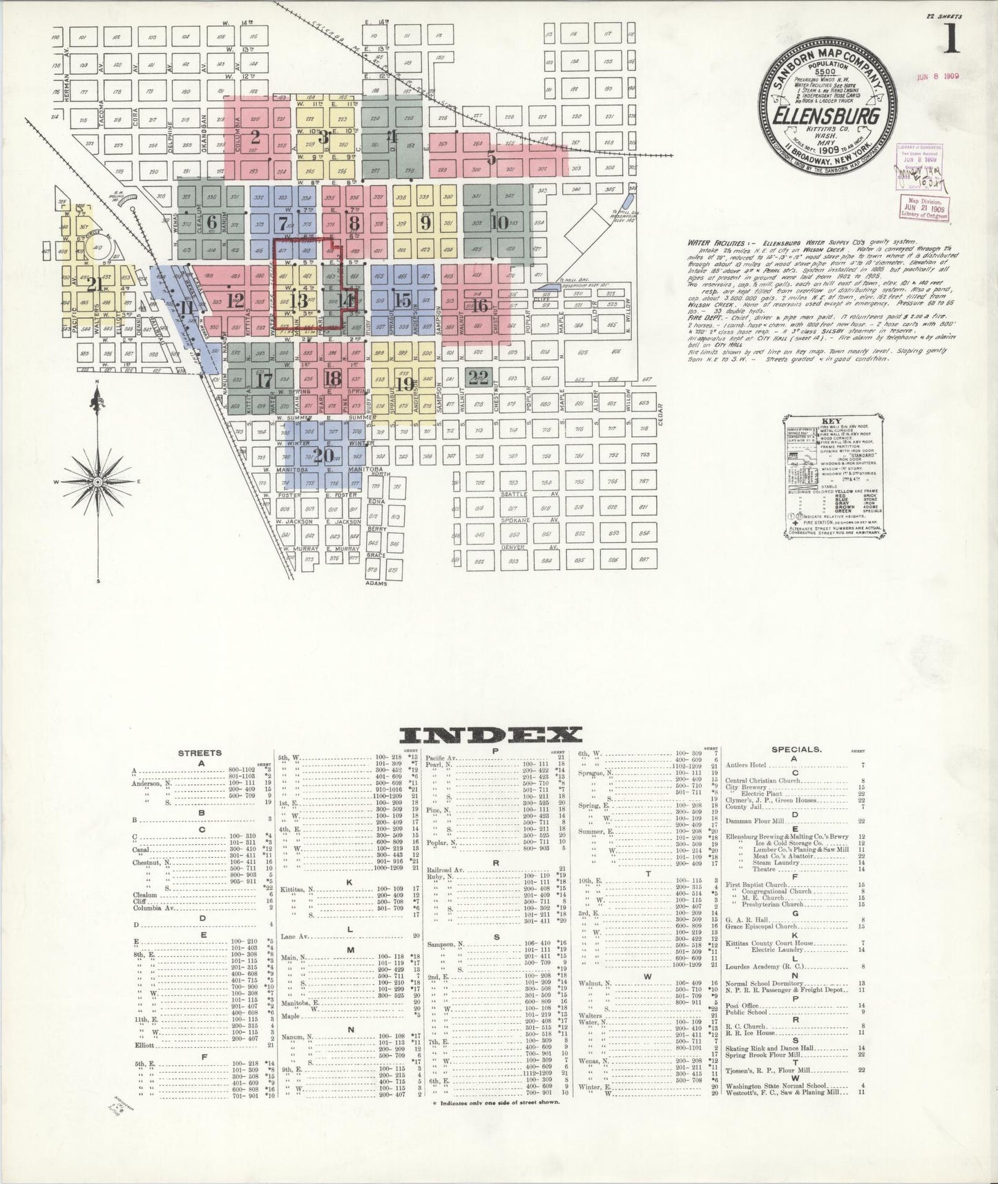 Sanborn Fire Insurance Map from Ellensburg, Kittitas County, Washington (1909), Sheet #0001 - Complete Map Set gallery image, historic Sanborn map, vintage wall art, Washington Washington
