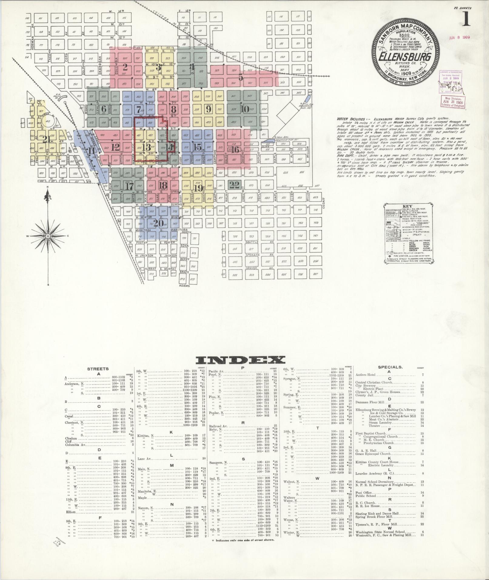 Sanborn Fire Insurance Map from Ellensburg, Kittitas County, Washington (1909), Sheet #0001 - Complete Map Set gallery image, historic Sanborn map, vintage wall art, Washington Washington