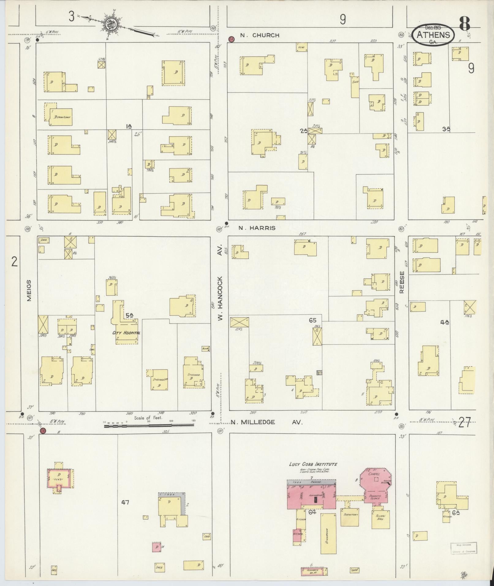 Sanborn Fire Insurance Map from Athens, Clarke County, Georgia (1913), Sheet #0008 - Historic Sanborn Fire Insurance Map Print, vintage old map wall art, antique decor, genealogy gift, Georgia Georgia map