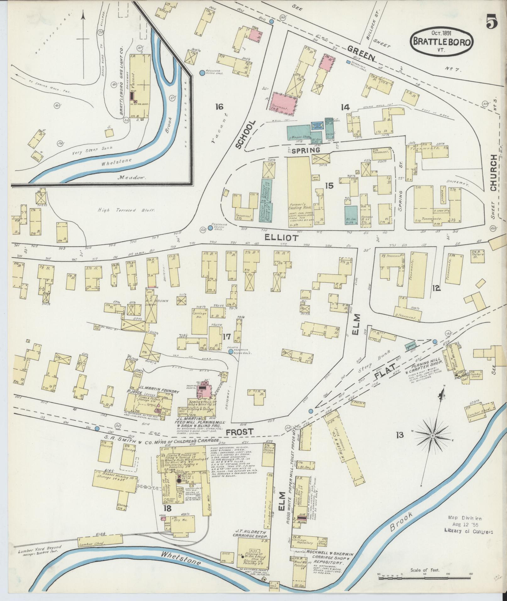 Sanborn Fire Insurance Map from Brattleboro, Windham County, Vermont (1891), Sheet #0005 - Historic Sanborn Fire Insurance Map Print, vintage old map wall art, antique decor, genealogy gift, Vermont Vermont map