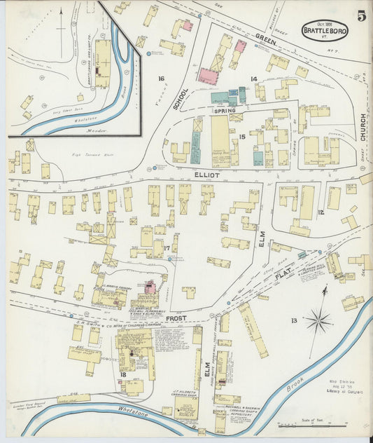 Sanborn Fire Insurance Map from Brattleboro, Windham County, Vermont (1891), Sheet #0005 - Historic Sanborn Fire Insurance Map Print, vintage old map wall art, antique decor, genealogy gift, Vermont Vermont map