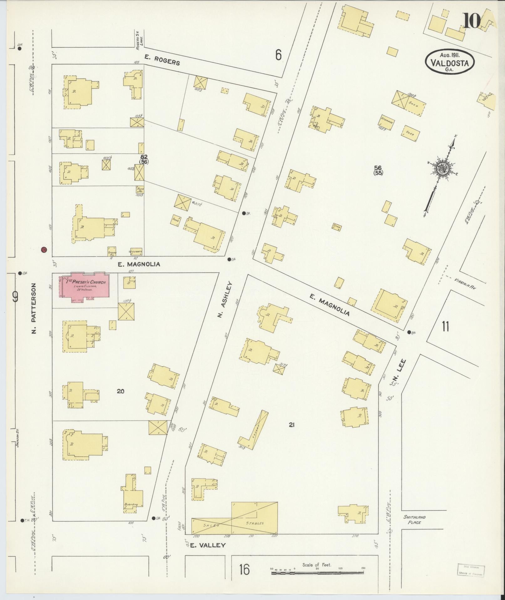 Sanborn Fire Insurance Map from Valdosta, Lowndes County, Georgia (1911), Sheet #0010 - Complete Map Set gallery image, historic Sanborn map, vintage wall art, Georgia Georgia