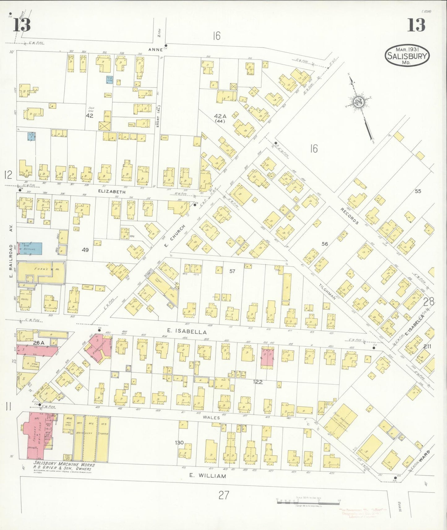 Sanborn Fire Insurance Map from Salisbury, Wicomico County, Maryland (1931), Sheet #0013 - Complete Map Set gallery image, historic Sanborn map, vintage wall art, Maryland Maryland