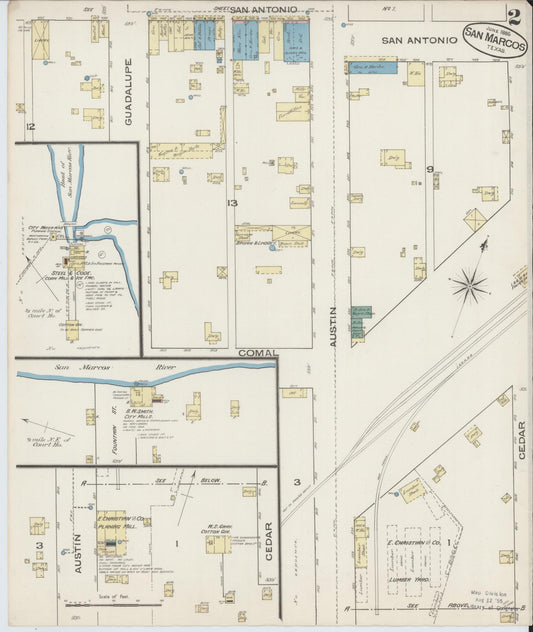 Sanborn Fire Insurance Map from San Marcos, Hays County, Texas (1885), Sheet #0002 - Historic Sanborn Fire Insurance Map Print, vintage old map wall art, antique decor, genealogy gift, Texas Texas map