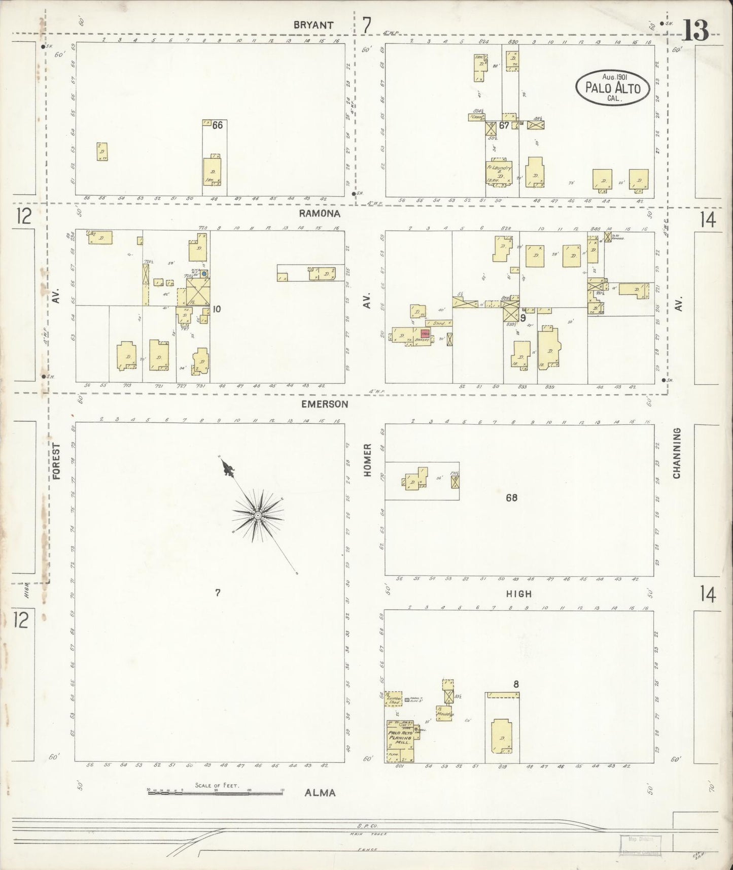 Sanborn Fire Insurance Map from Palo Alto, Santa Clara County, California (1901), Sheet #0013 - Complete Map Set gallery image, historic Sanborn map, vintage wall art, California California