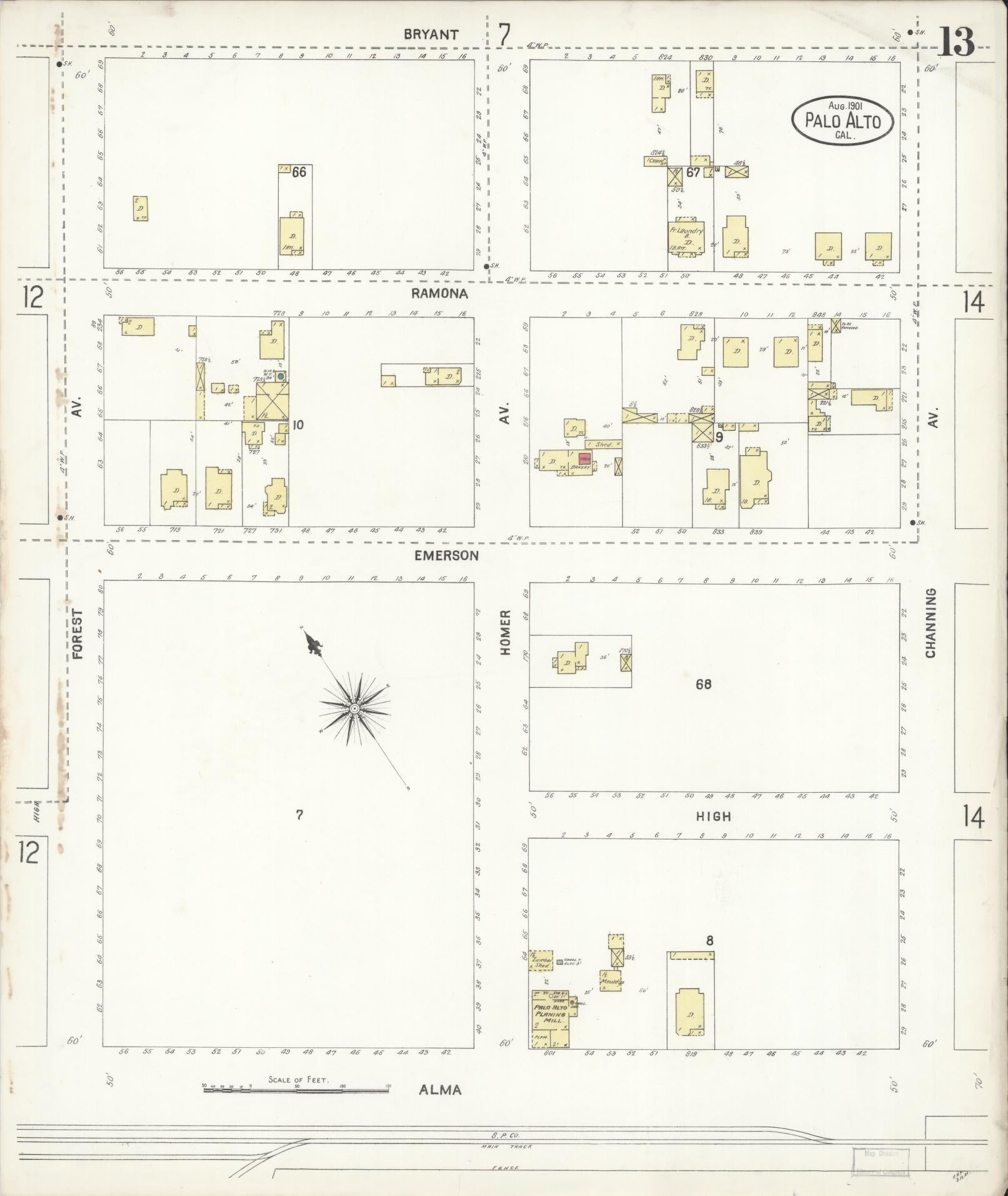 Sanborn Fire Insurance Map from Palo Alto, Santa Clara County, California (1901), Sheet #0013 - Complete Map Set gallery image, historic Sanborn map, vintage wall art, California California