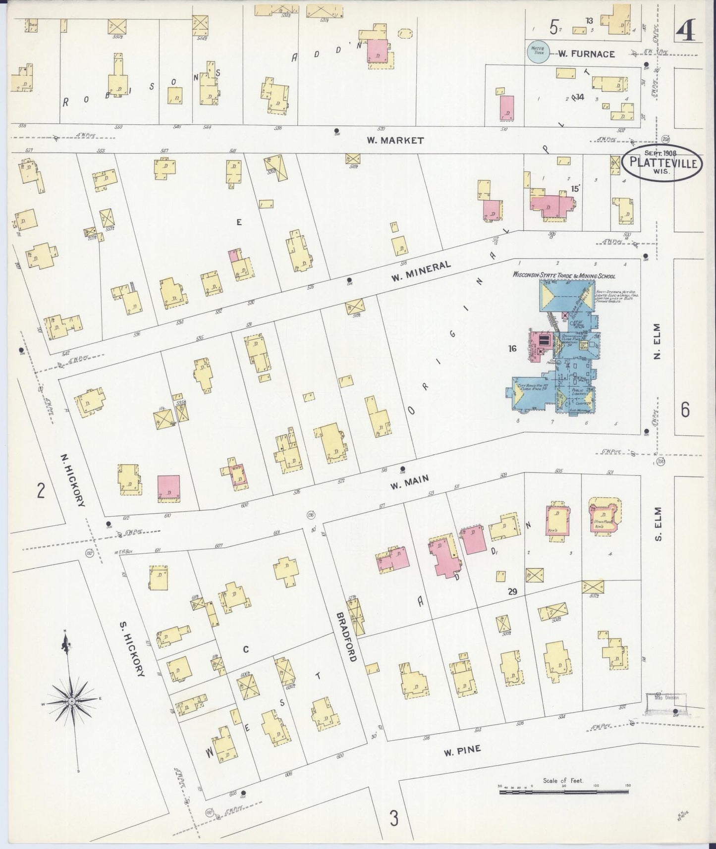 Sanborn Fire Insurance Map from Platteville, Grant County, Wisconsin (1908), Sheet #0004 - Complete Map Set gallery image, historic Sanborn map, vintage wall art, Wisconsin Wisconsin