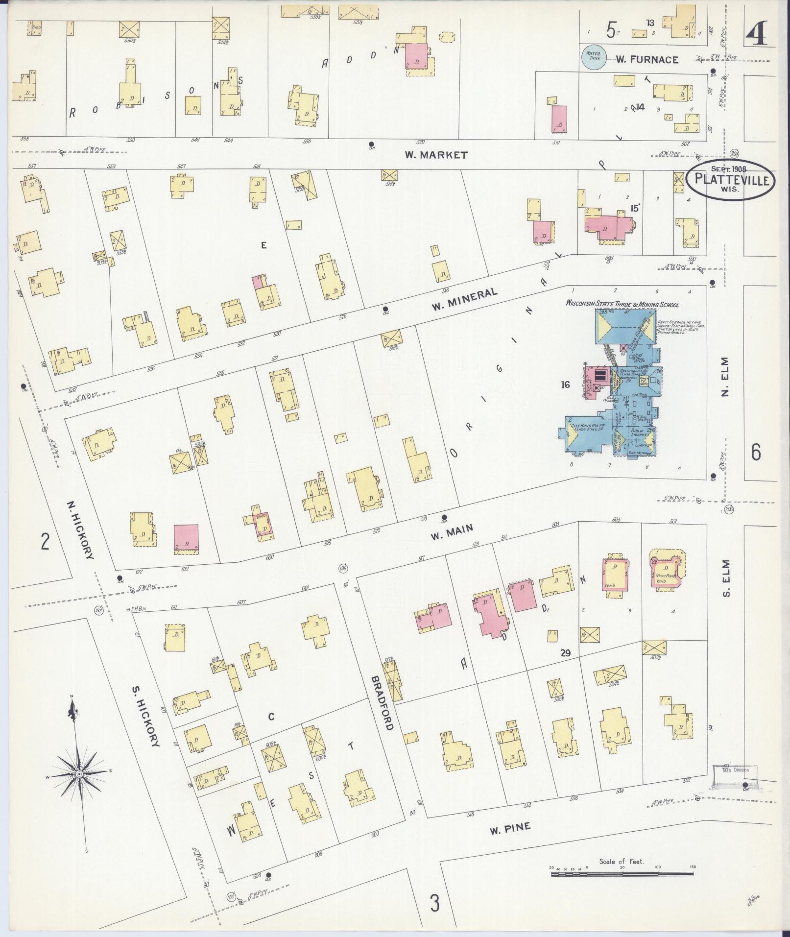 Sanborn Fire Insurance Map from Platteville, Grant County, Wisconsin (1908), Sheet #0004 - Complete Map Set gallery image, historic Sanborn map, vintage wall art, Wisconsin Wisconsin