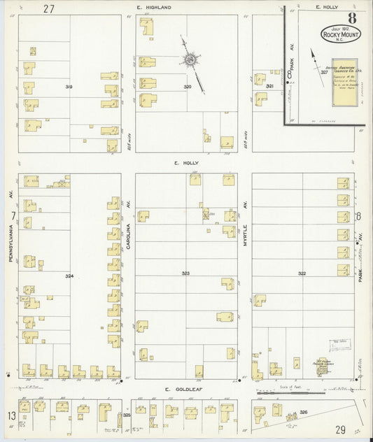 Sanborn Fire Insurance Map from Rocky Mount, Edgecombe And Nash Counties, North Carolina (1912), Sheet #0008 - Historic Sanborn Fire Insurance Map Print, vintage old map wall art, antique decor, genealogy gift, North Carolina North Carolina map