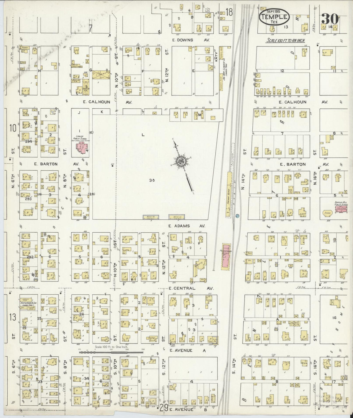 Sanborn Fire Insurance Map from Temple, Bell County, Texas (1915), Sheet #0030 - Historic Sanborn Fire Insurance Map Print, vintage old map wall art, antique decor, genealogy gift, Texas Texas map