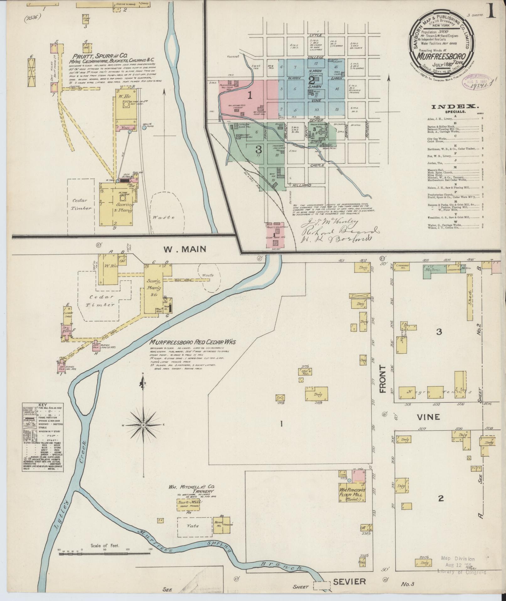 Sanborn Fire Insurance Map from Murfreesboro, Rutherford County, Tennessee (1887), Sheet #0001 - Historic Sanborn Fire Insurance Map Print, vintage old map wall art, antique decor, genealogy gift, Tennessee Tennessee map