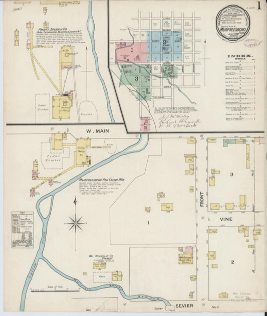 Sanborn Fire Insurance Map from Murfreesboro, Rutherford County, Tennessee (1887), Sheet #0001 - Historic Sanborn Fire Insurance Map Print, vintage old map wall art, antique decor, genealogy gift, Tennessee Tennessee map