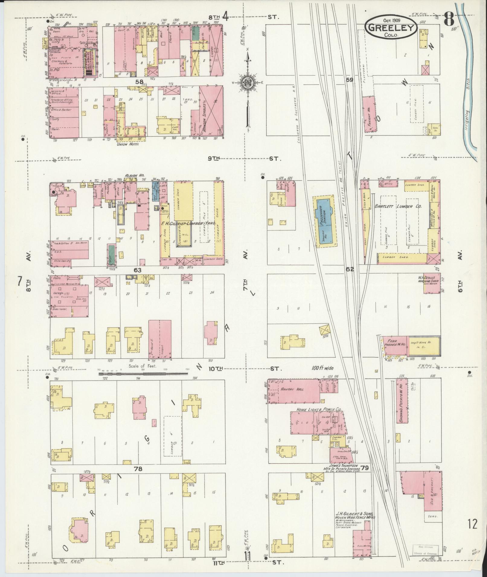 Sanborn Fire Insurance Map from Greeley, Weld County, Colorado (1909), Sheet #0008 - Complete Map Set gallery image, historic Sanborn map, vintage wall art, Colorado Colorado