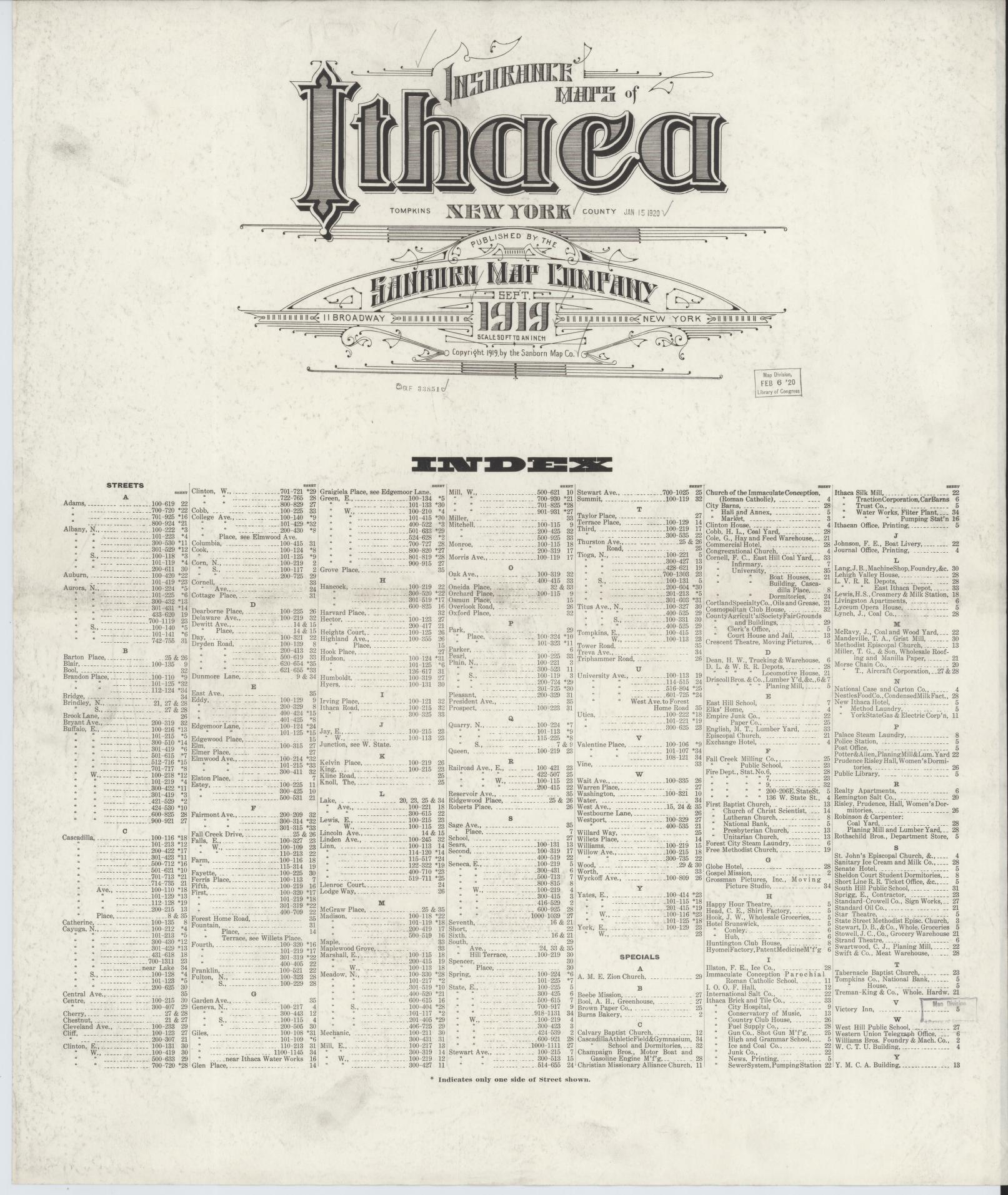 Sanborn Fire Insurance Map from Ithaca, Tompkins County, New York. (1919) – Historic Sanborn Fire Insurance Map Print