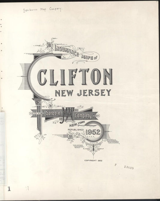 Sanborn Fire Insurance Map from Clifton, Passaic County, New Jersey (1952), Sheet #0001 - Historic Sanborn Fire Insurance Map Print, vintage old map wall art, antique decor, genealogy gift, New Jersey New Jersey map