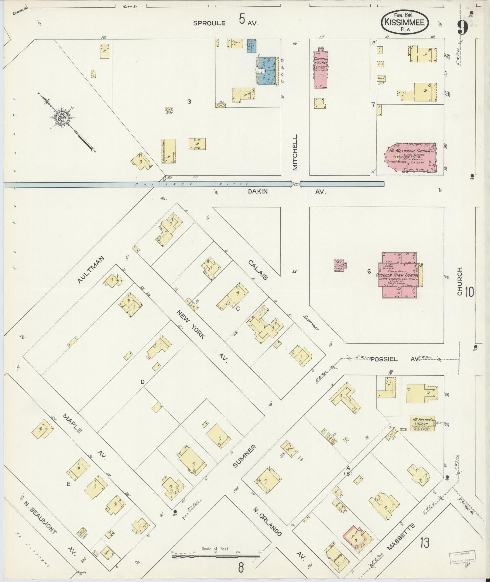 Sanborn Fire Insurance Map from Kissimmee, Osceola County, Florida (1914), Sheet #0009 - Complete Map Set gallery image, historic Sanborn map, vintage wall art, Florida Florida