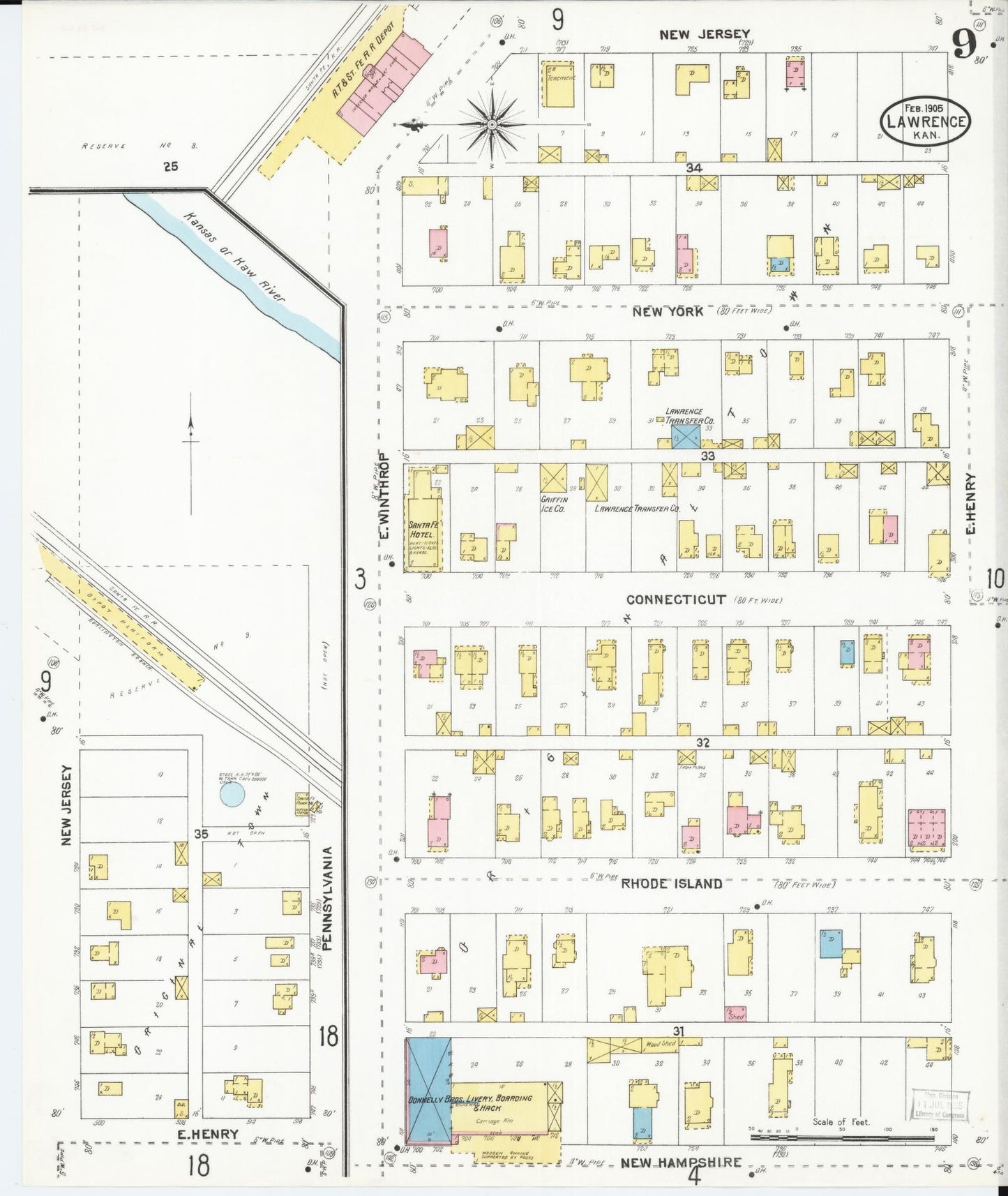 Sanborn Fire Insurance Map from Lawrence, Douglas County, Kansas (1905), Sheet #0009 - Complete Map Set gallery image, historic Sanborn map, vintage wall art, Kansas Kansas