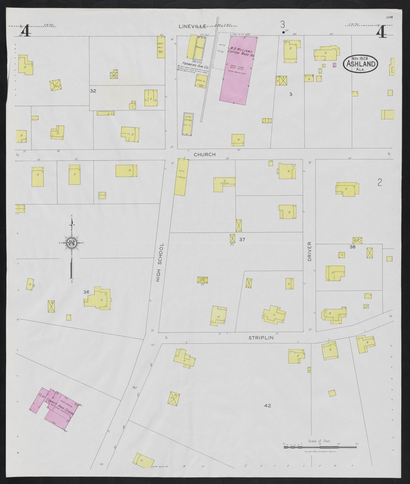 Sanborn Fire Insurance Map from Ashland, Clay County, Alabama (1928), Sheet #0004 - Complete Map Set gallery image, historic Sanborn map, vintage wall art, Alabama Alabama
