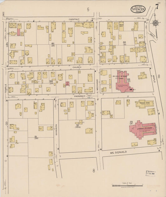 Sanborn Fire Insurance Map from Spencer, Worcester County, Massachusetts (1922), Sheet #0007 - Historic Sanborn Fire Insurance Map Print, vintage old map wall art, antique decor, genealogy gift, Massachusetts Massachusetts map