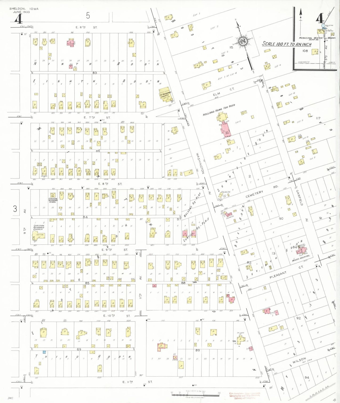 Sanborn Fire Insurance Map from Sheldon, O'Brien County, Iowa (1933), Sheet #0004 - Historic Sanborn Fire Insurance Map Print, vintage old map wall art