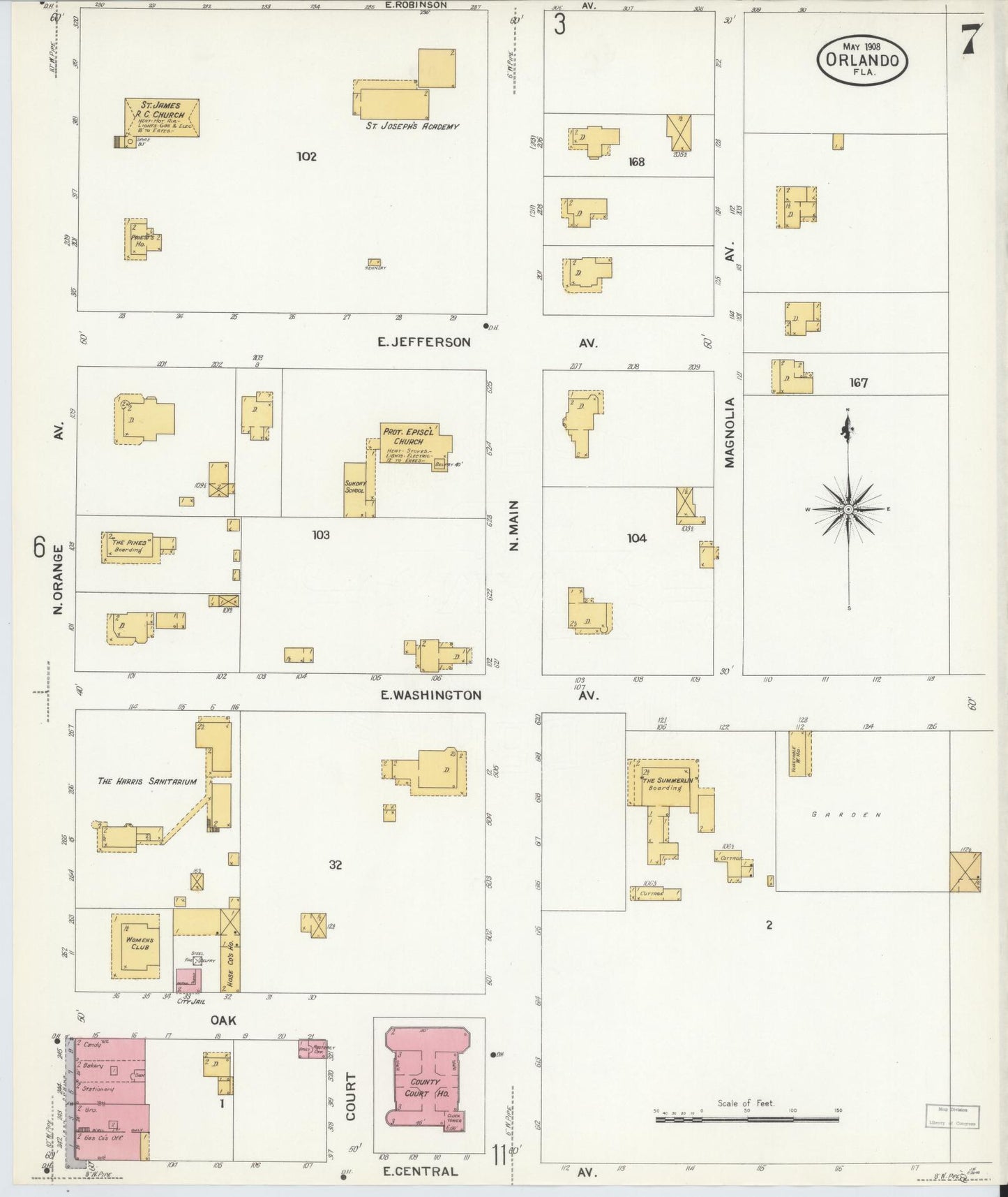Sanborn Fire Insurance Map from Orlando, Orange County, Florida (1908), Sheet #0007 - Historic Sanborn Fire Insurance Map Print, vintage old map wall art, antique decor, genealogy gift, Florida Florida map