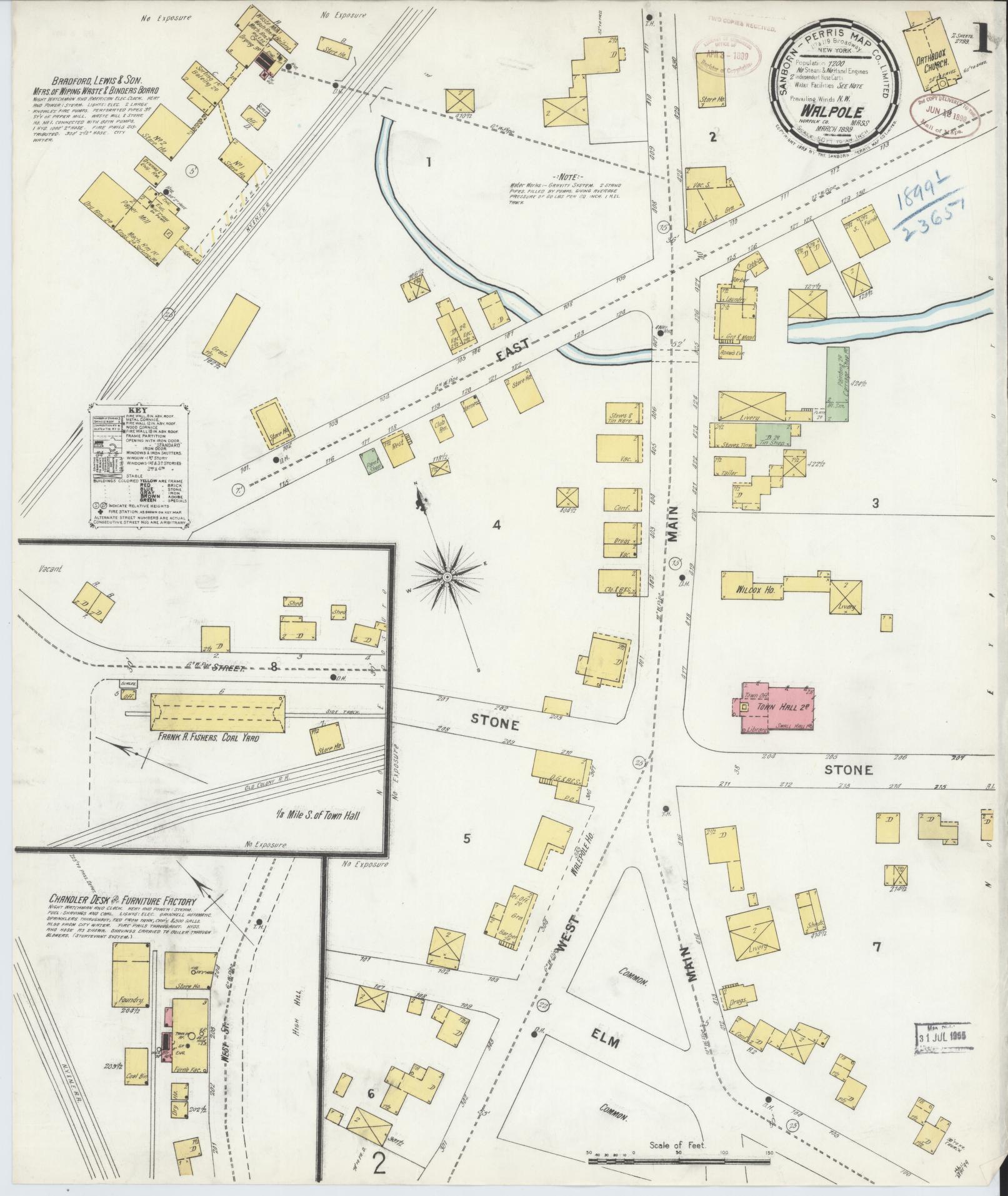 Sanborn Fire Insurance Map from Walpole, Norfolk County, Massachusetts (1899), Sheet #0001 - Historic Sanborn Fire Insurance Map Print, vintage old map wall art, antique decor, genealogy gift, Massachusetts Massachusetts map