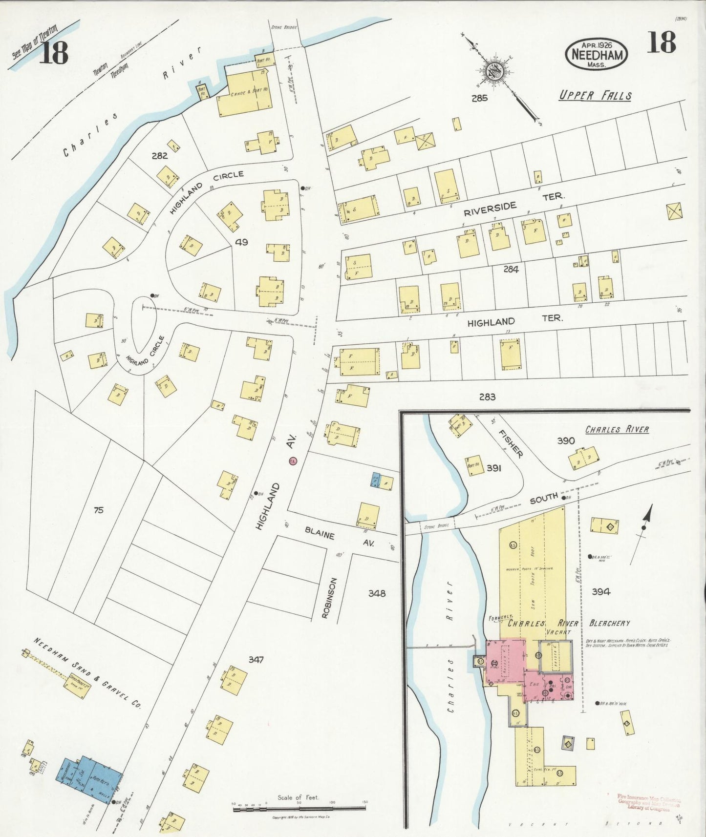 Sanborn Fire Insurance Map from Needham, Norfolk County, Massachusetts (1926), Sheet #0018 - Complete Map Set gallery image, historic Sanborn map, vintage wall art, Massachusetts Massachusetts