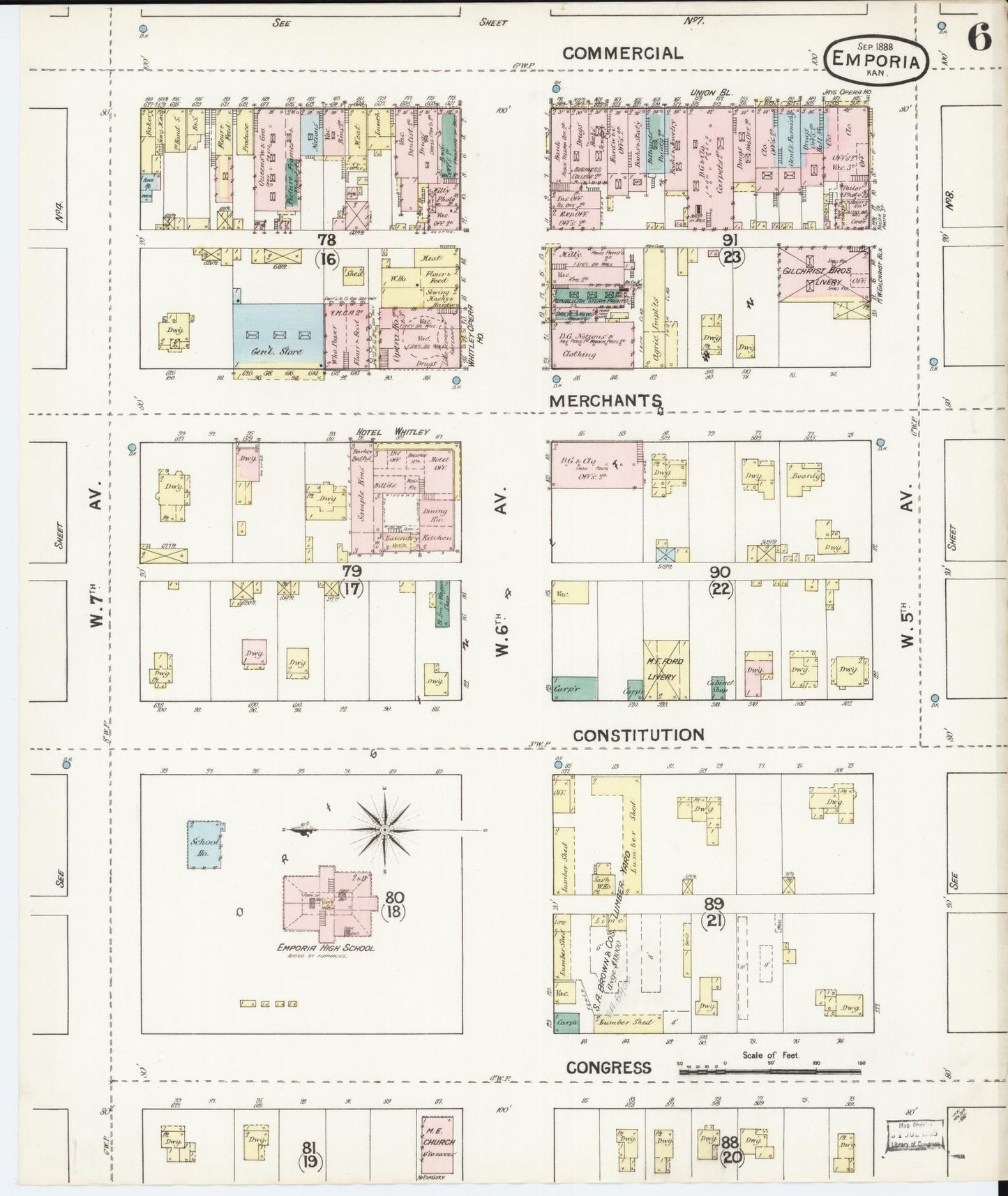 Sanborn Fire Insurance Map from Emporia, Lyon County, Kansas (1888), Sheet #0006 - Historic Sanborn Fire Insurance Map Print, vintage old map wall art, antique decor, genealogy gift, Kansas Kansas map