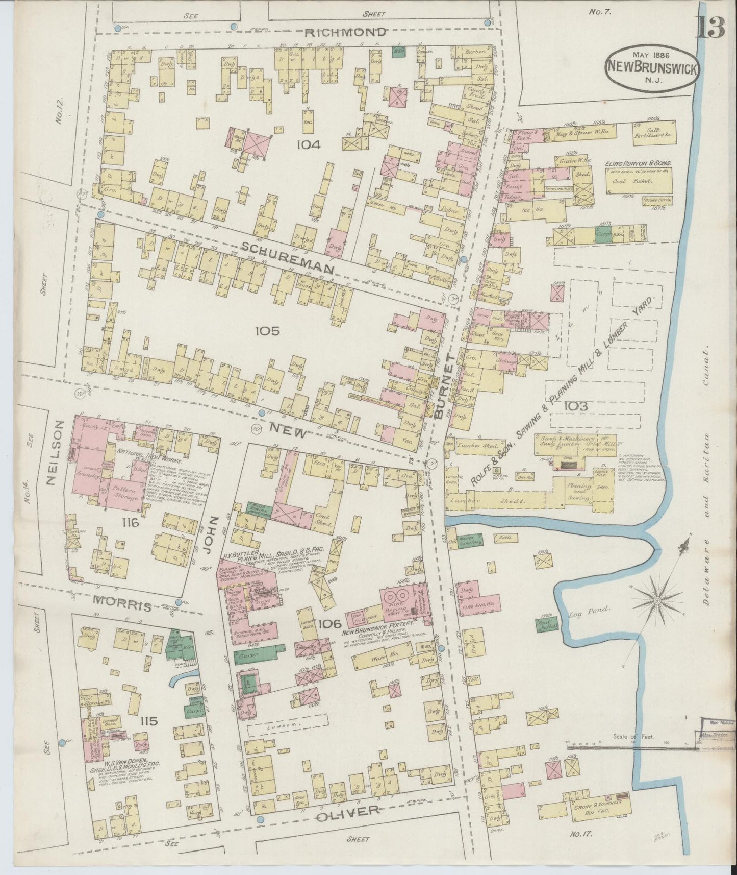 Sanborn Fire Insurance Map from New Brunswick, Middlesex County, New Jersey (1886), Sheet #0013 - Historic Sanborn Fire Insurance Map Print, vintage old map wall art, antique decor, genealogy gift, New Jersey New Jersey map