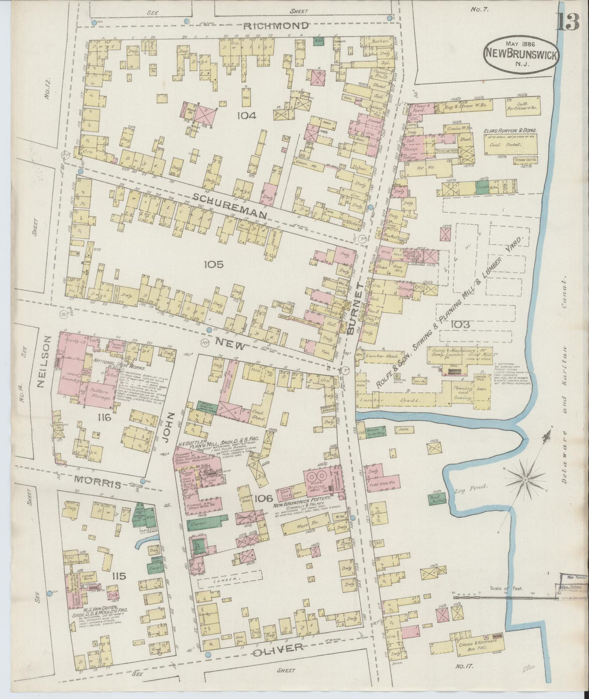 Sanborn Fire Insurance Map from New Brunswick, Middlesex County, New Jersey (1886), Sheet #0013 - Historic Sanborn Fire Insurance Map Print, vintage old map wall art, antique decor, genealogy gift, New Jersey New Jersey map