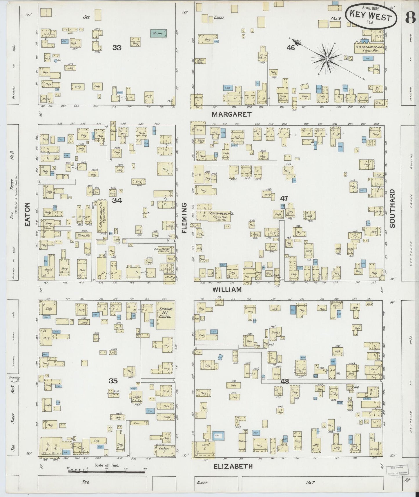 Sanborn Fire Insurance Map from Key West, Monroe County, Florida (1889), Sheet #0008 - Complete Map Set gallery image, historic Sanborn map, vintage wall art, Florida Florida