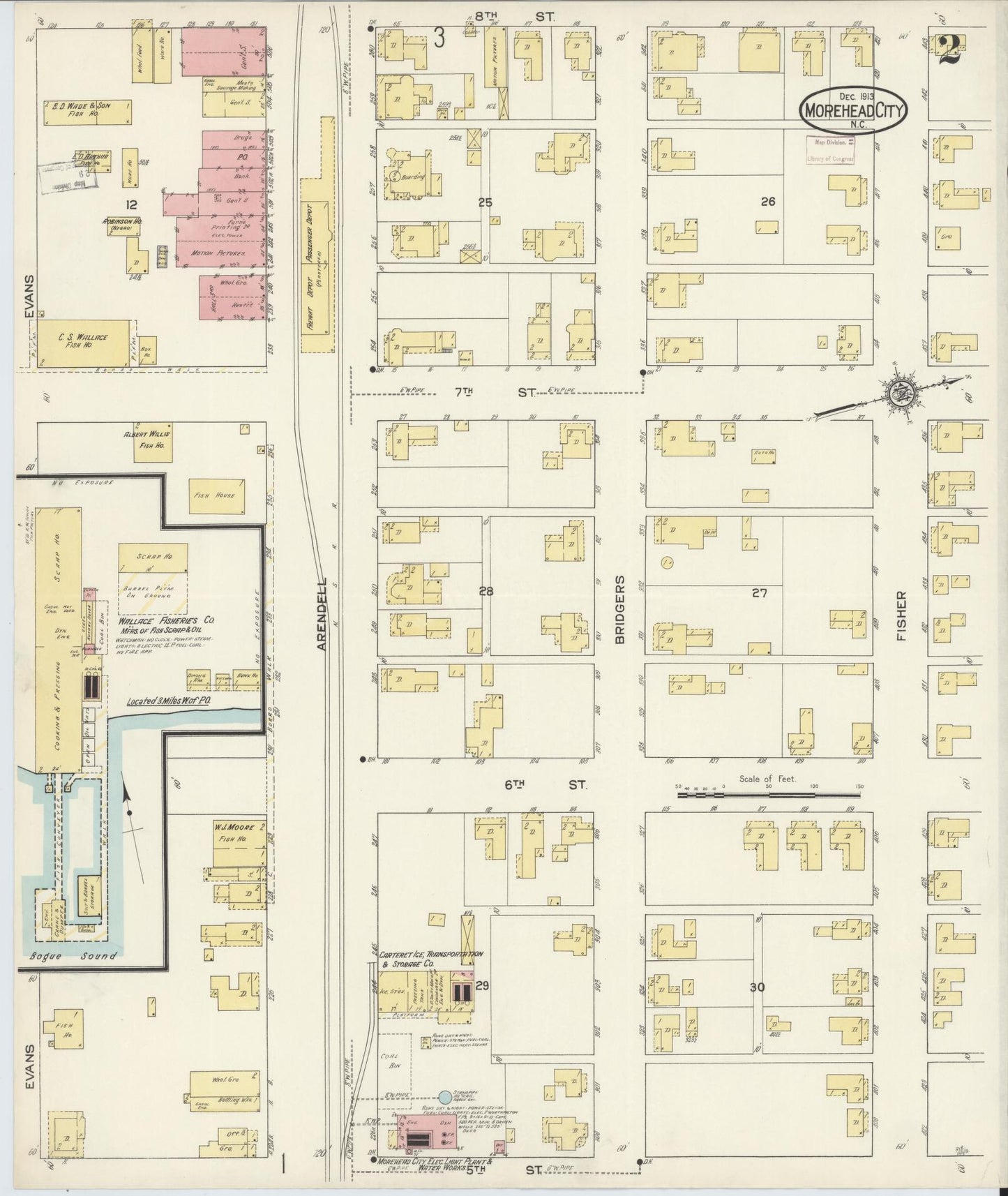 Sanborn Fire Insurance Map from Morehead City, Carteret County, North Carolina (1913), Sheet #0002 - Complete Map Set gallery image, historic Sanborn map, vintage wall art, North Carolina North Carolina