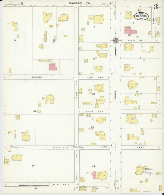 Sanborn Fire Insurance Map from Oxford, Lafayette County, Mississippi (1916), Sheet #0003 - Historic Sanborn Fire Insurance Map Print, vintage old map wall art, antique decor, genealogy gift, Mississippi Mississippi map