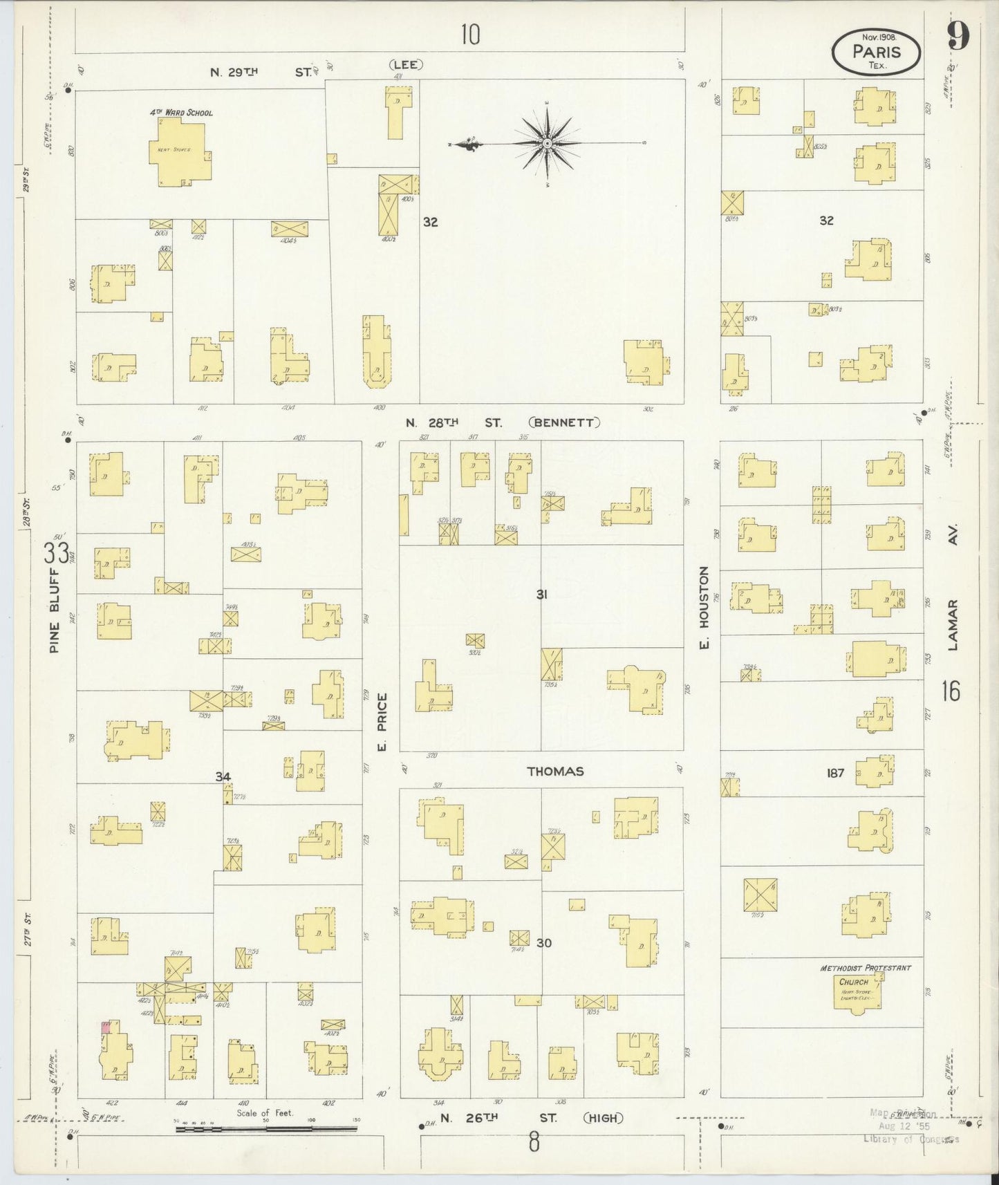 Sanborn Fire Insurance Map from Paris, Lamar County, Texas (1908), Sheet #0009 - Complete Map Set gallery image, historic Sanborn map, vintage wall art, Texas Texas