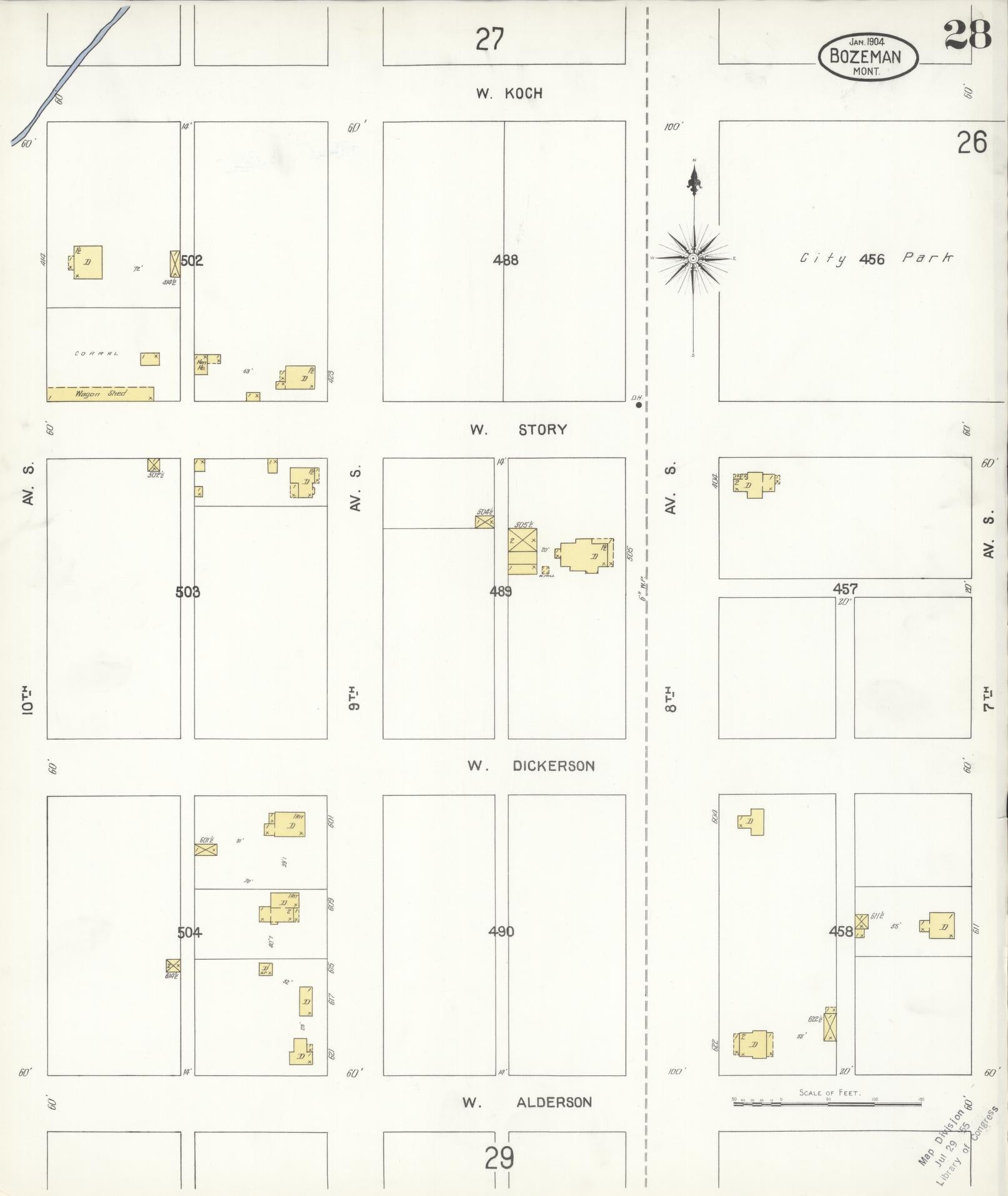 Sanborn Fire Insurance Map from Bozeman, Gallatin County, Montana (1904), Sheet #0028 - Complete Map Set gallery image, historic Sanborn map, vintage wall art, Montana Montana