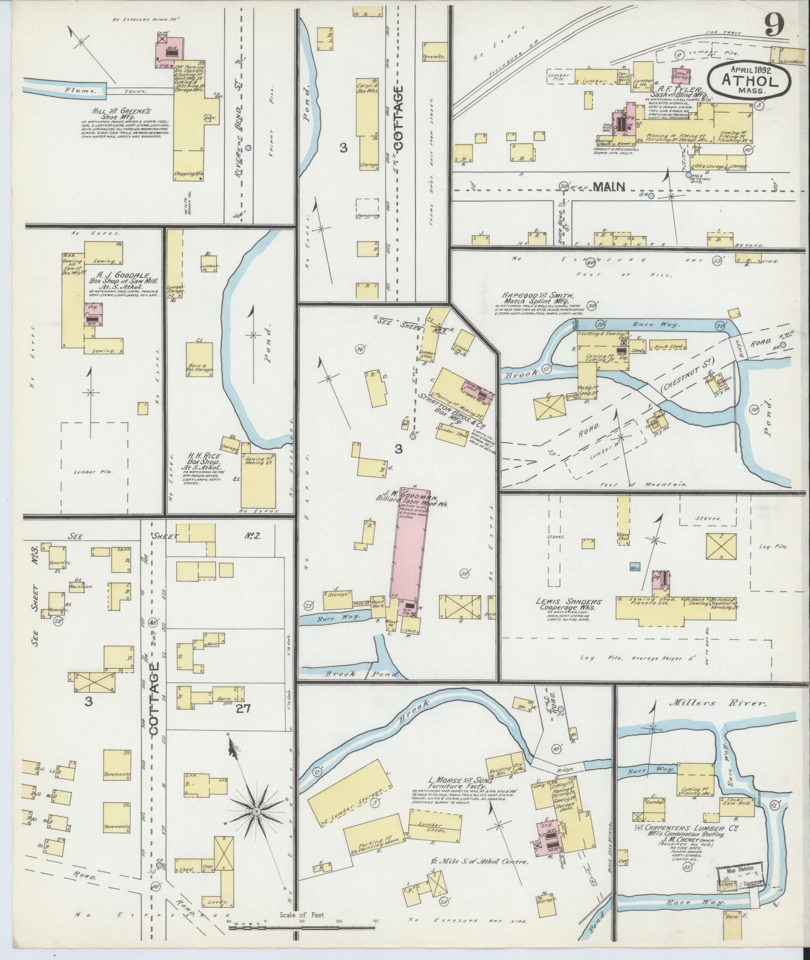 Sanborn Fire Insurance Map from Athol, Worcester County, Massachusetts (1892), Sheet #0009 - Historic Sanborn Fire Insurance Map Print, vintage old map wall art, antique decor, genealogy gift, Massachusetts Massachusetts map