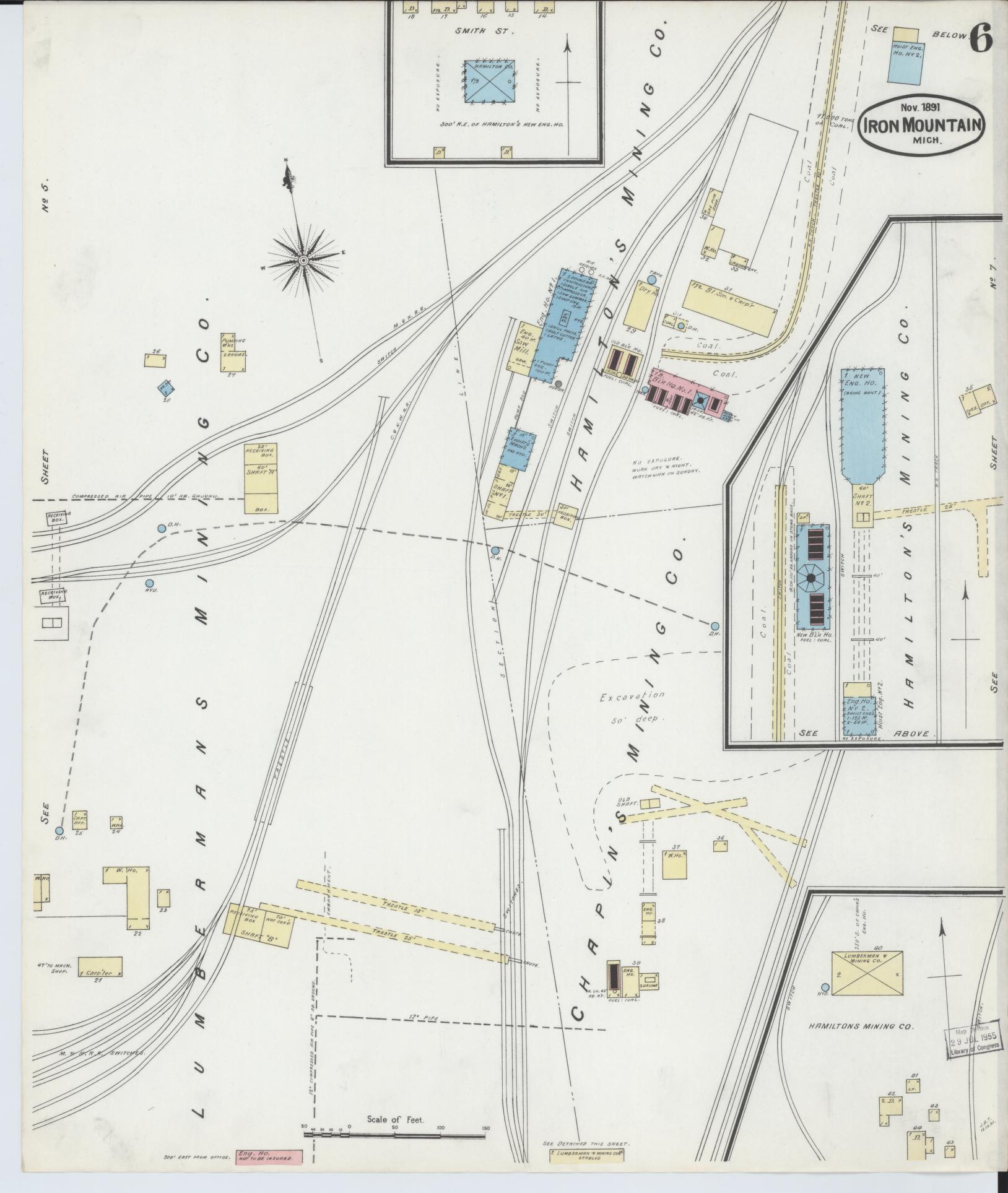 Sanborn Fire Insurance Map from Iron Mountain, Dickinson County, Michigan (1891), Sheet #0006 - Complete Map Set gallery image, historic Sanborn map, vintage wall art, Michigan Michigan
