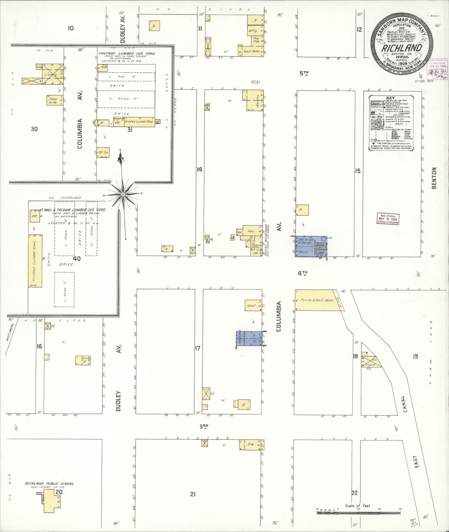 Sanborn Fire Insurance Map from Richland, Benton County, Washington (1909), Sheet #0001 - Historic Sanborn Fire Insurance Map Print, vintage old map wall art, antique decor, genealogy gift, Washington Washington map