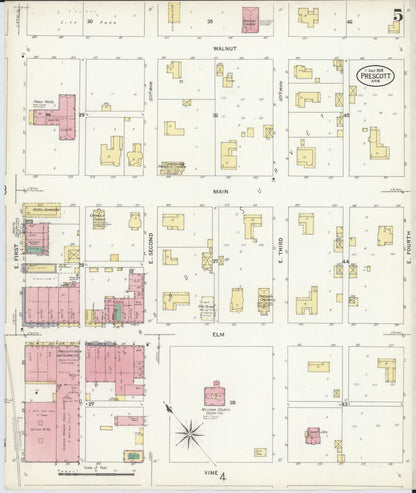 Sanborn Fire Insurance Map from Prescott, Nevada County, Arkansas (1908), Sheet #0005 - Complete Map Set gallery image, historic Sanborn map, vintage wall art, Prescott Nevada