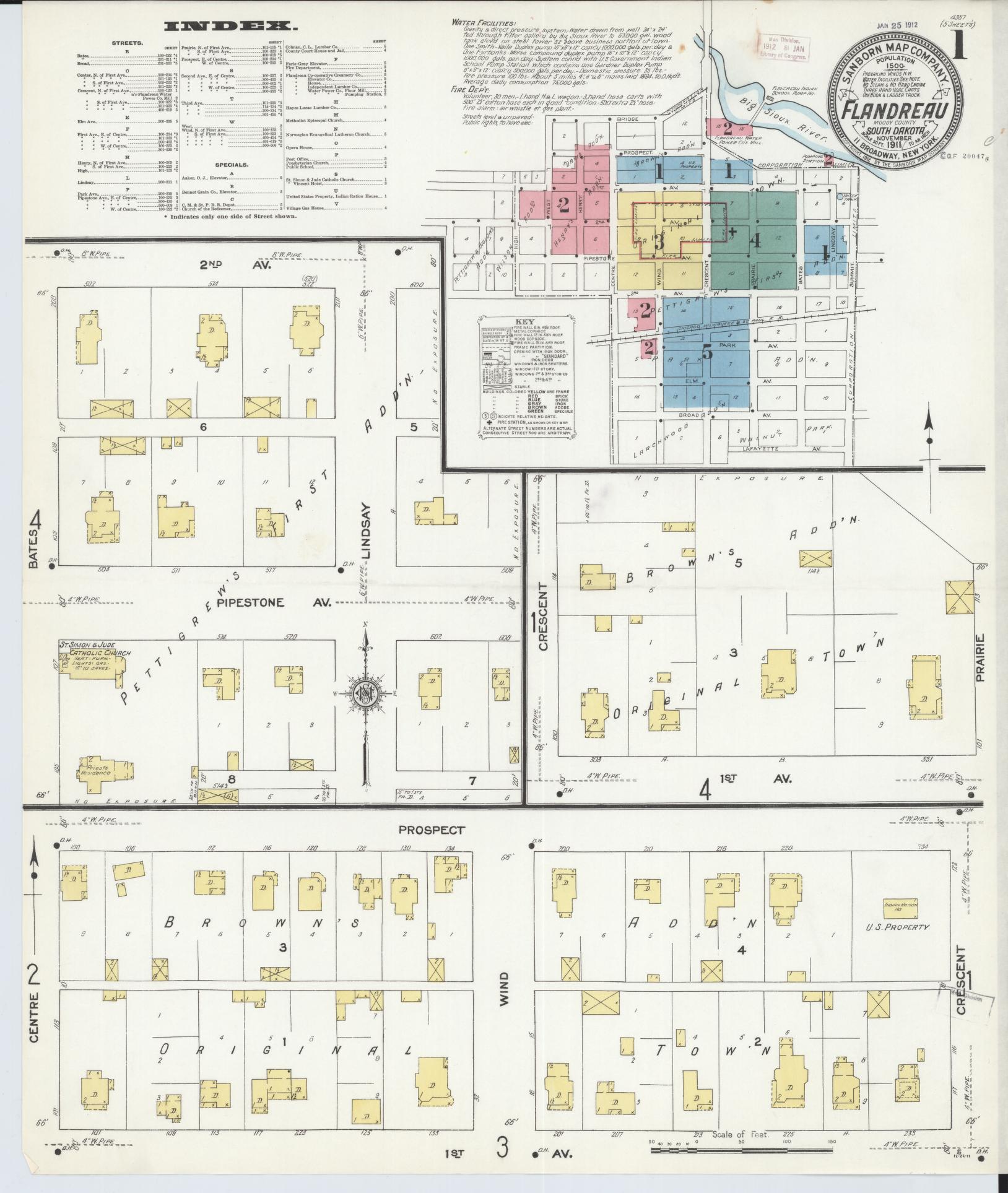 Sanborn Fire Insurance Map from Flandreau, Moody County, South Dakota (1911), Sheet #0001 - Complete Map Set gallery image, historic Sanborn map, vintage wall art, South Dakota South Dakota