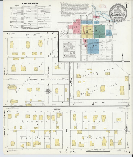 Sanborn Fire Insurance Map from Flandreau, Moody County, South Dakota (1911), Sheet #0001 - Complete Map Set gallery image, historic Sanborn map, vintage wall art, South Dakota South Dakota